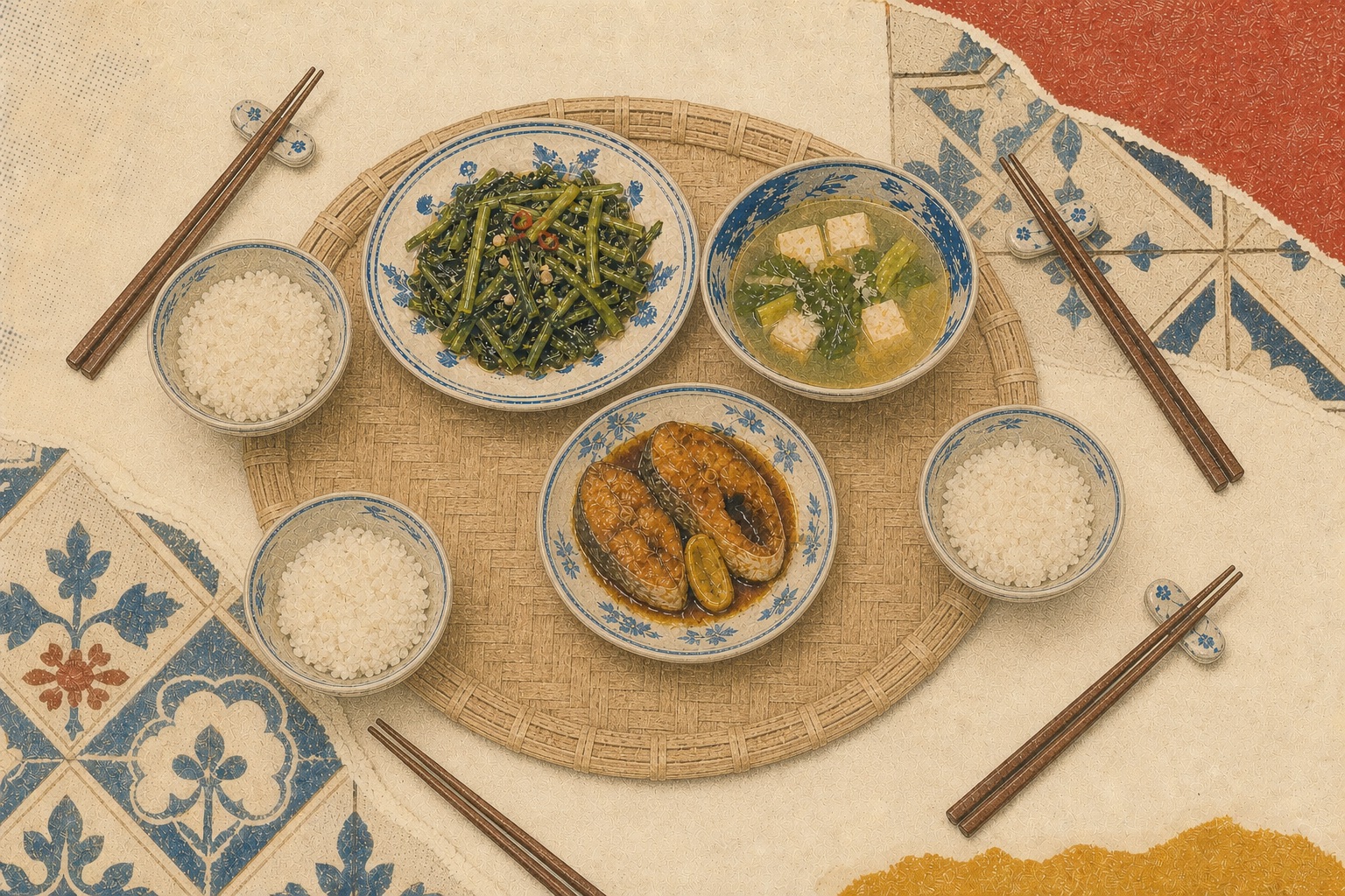 Risograph family meal with four rice bowls and shared dishes