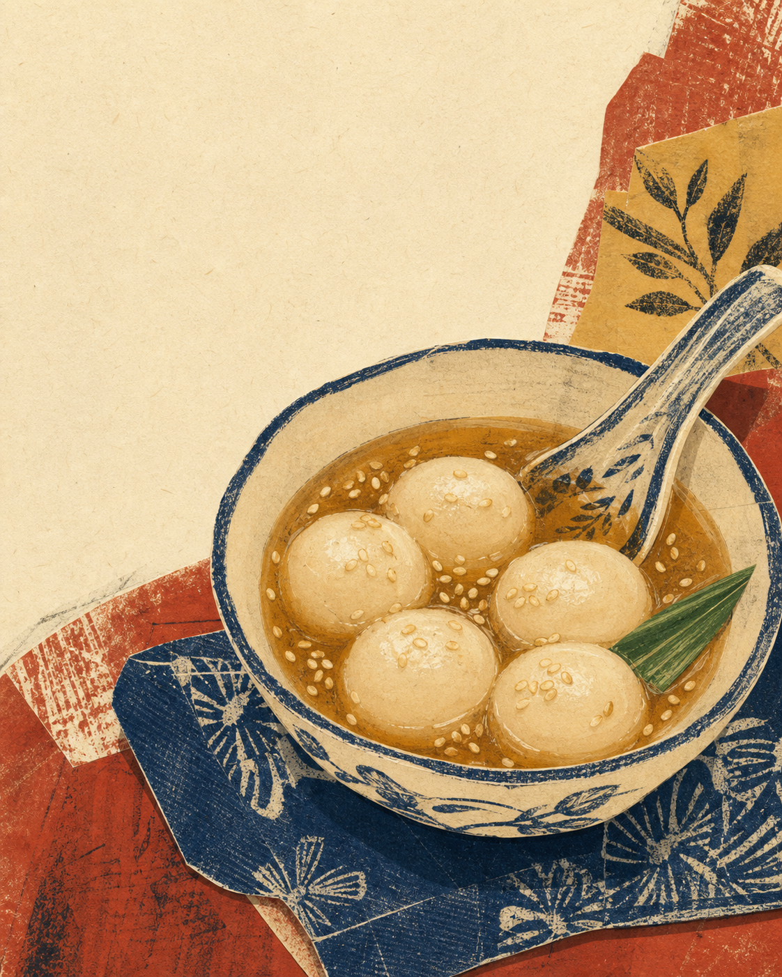 Hand-drawn collage of Vietnamese sweet glutinous rice balls in ginger syrup