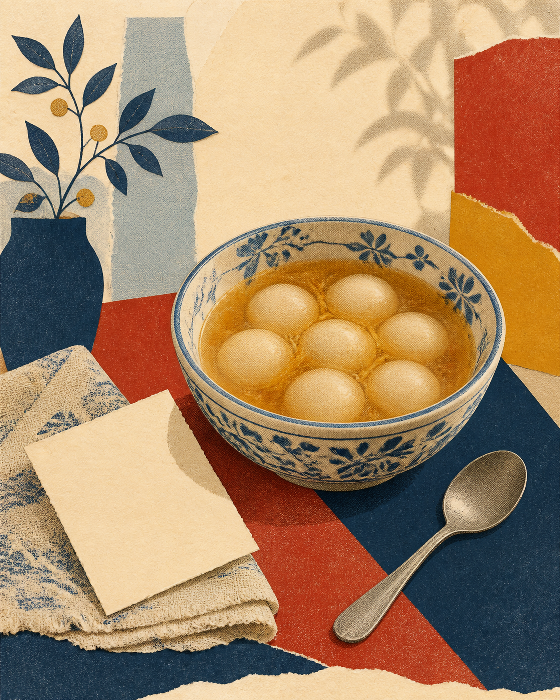 Handmade collage of Vietnamese sweet glutinous rice balls in ginger syrup